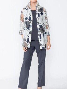 IC COLLECTION Sheer Floral Print Top in Blue, Gray, Tan